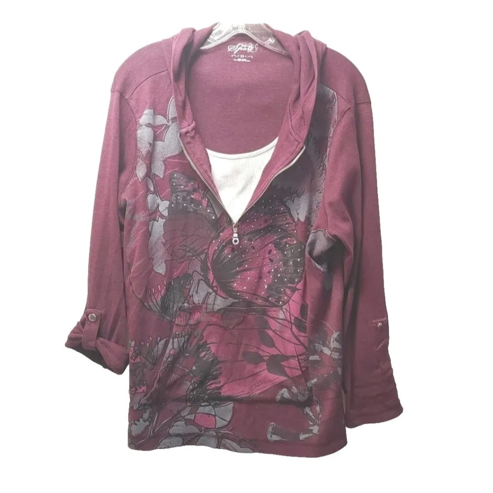 Vtg Y2k Sporty Hoodie Butterfly Floral Beaded Bling Wine Purple Pocket Woman 2X